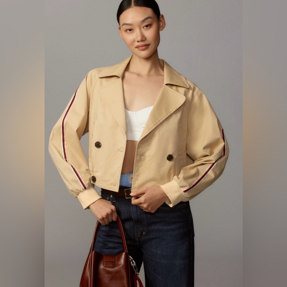 NWOT Maeve Khaki Double Breasted Cropped Trench Coat with Red Stripes
